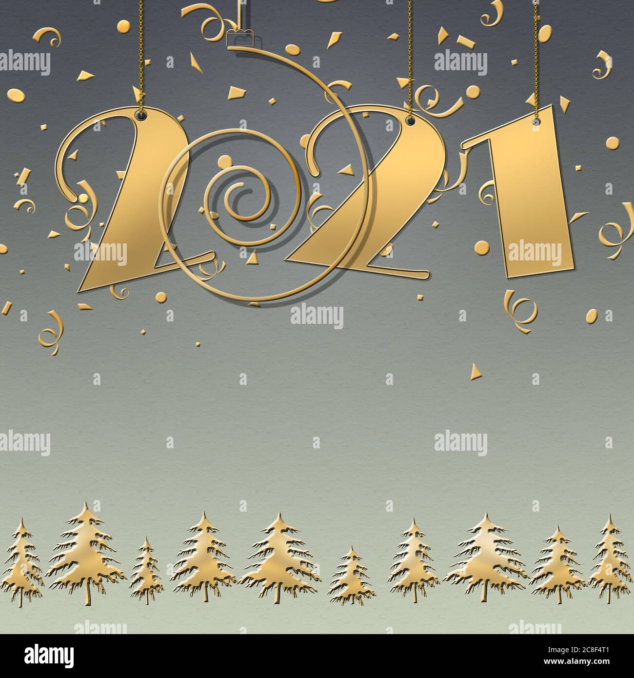 Luxury Happy New 2021 Year design with hanging 2021 digits, gold spiral, christmas trees on blue background. Winter holidays graphic, web design, business card, calendar. Copy space. 3D illustration Stock Photo