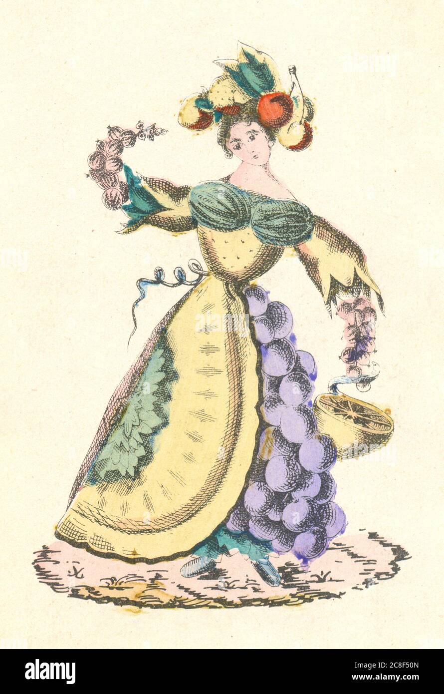 hand coloured print of woman shown as varieties of fruit in German picture book for children Stock Photo