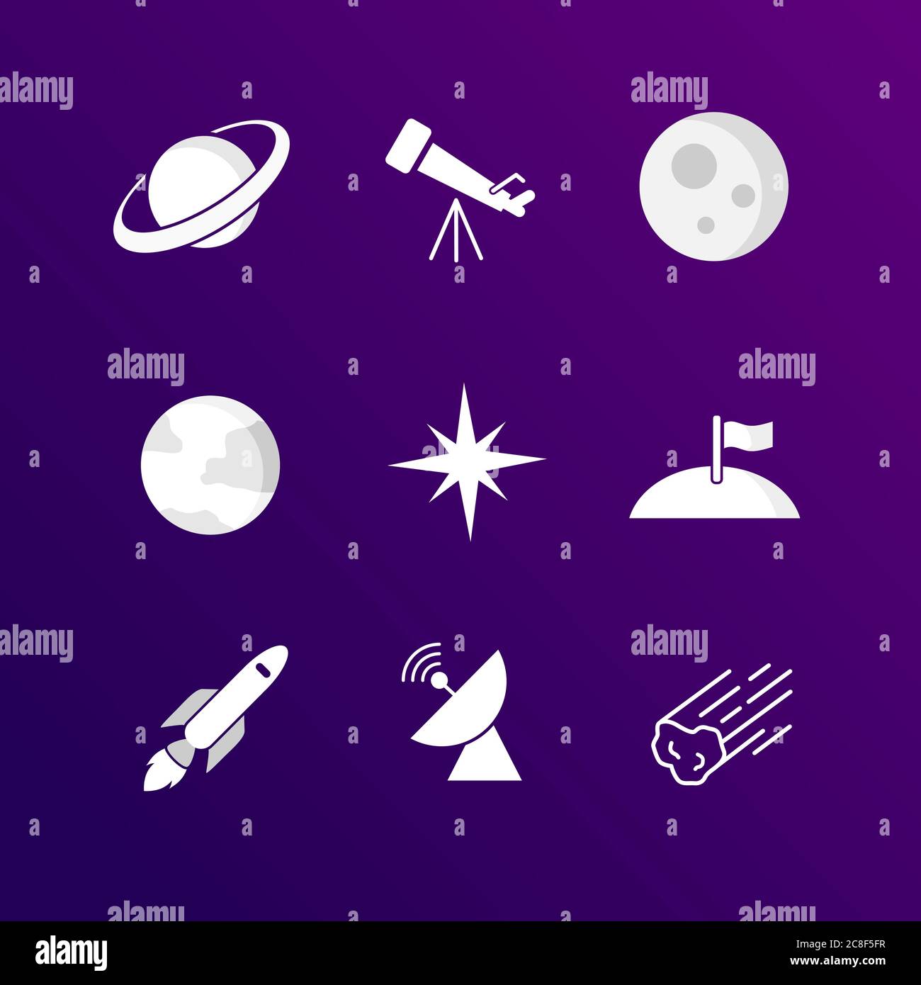 astronomy icon set collection, include saturn, telescope, moon, earth, star, flag in moon, rocket, transmitter, and comet, flat vector design Stock Vector