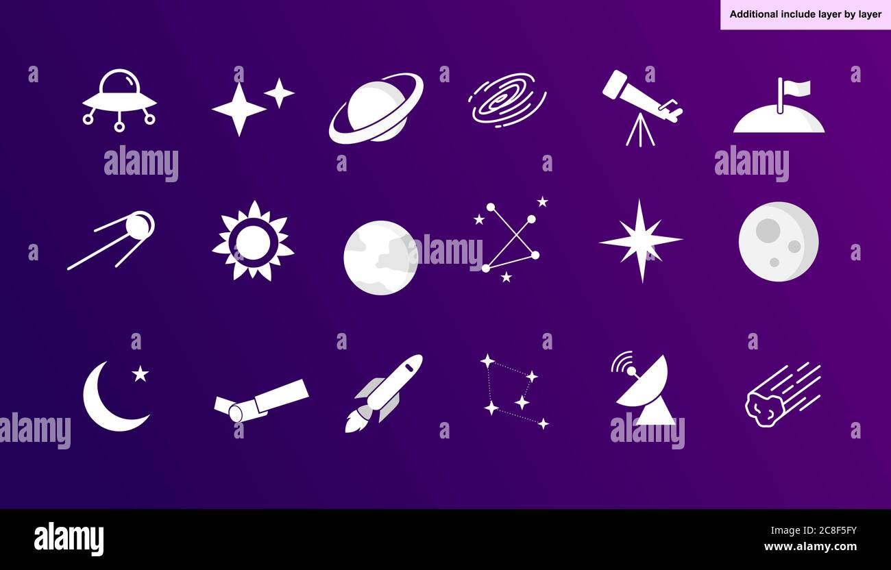astronomy icon set vector, include UFO, stars, saturn, blackhole, telescope, landing flag, sun, earth, aries, moon, rocket, transmitter, and comet Stock Vector