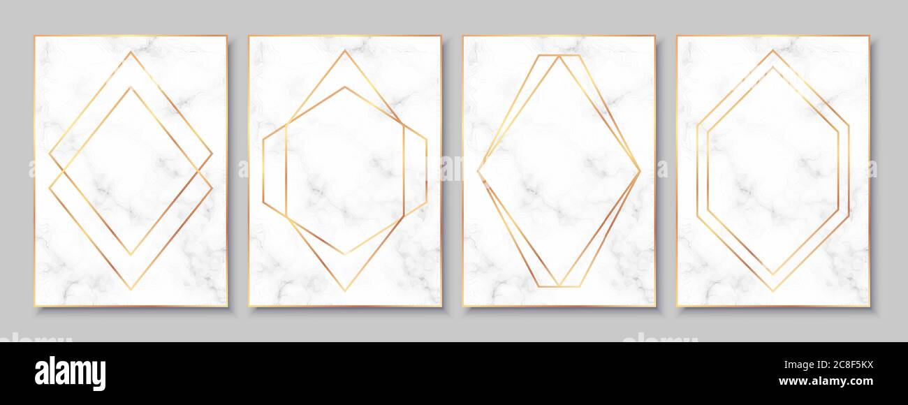 Luxury posters set with white marble texture and gold polygonal frames. Stock Vector