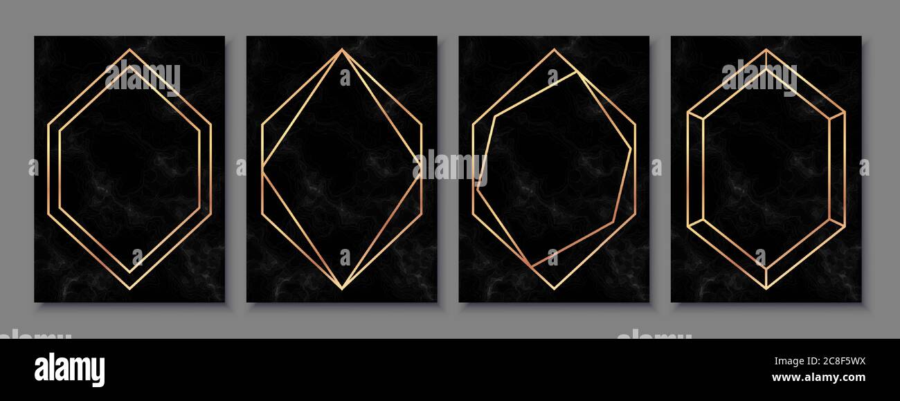 Luxury posters set with black marble texture and gold polygonal frames. Stock Vector