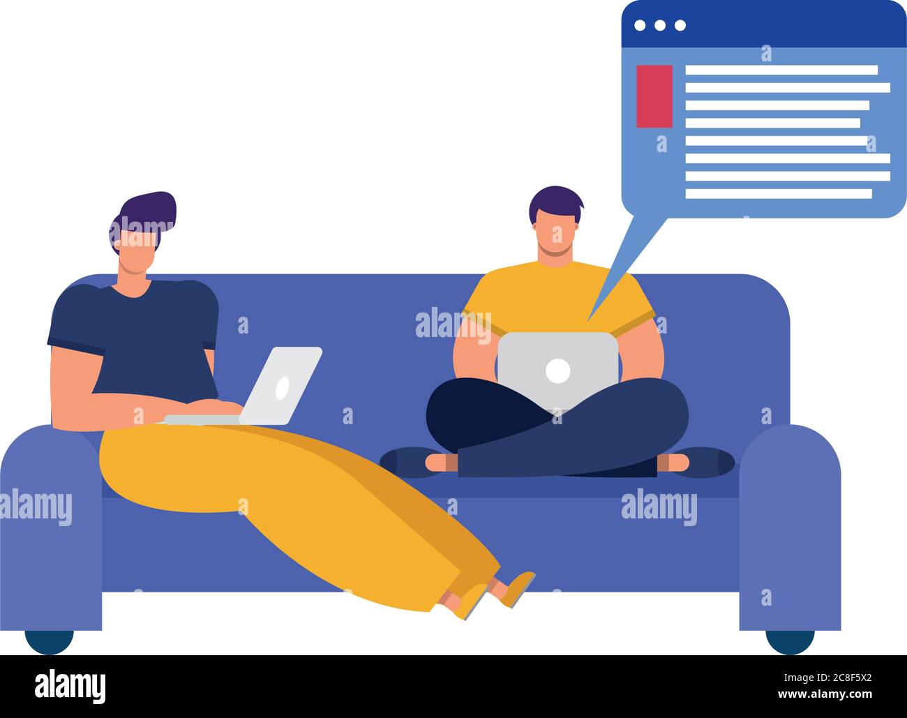 young men using laptops in sofa connecting technology character vector illustration design Stock Vector