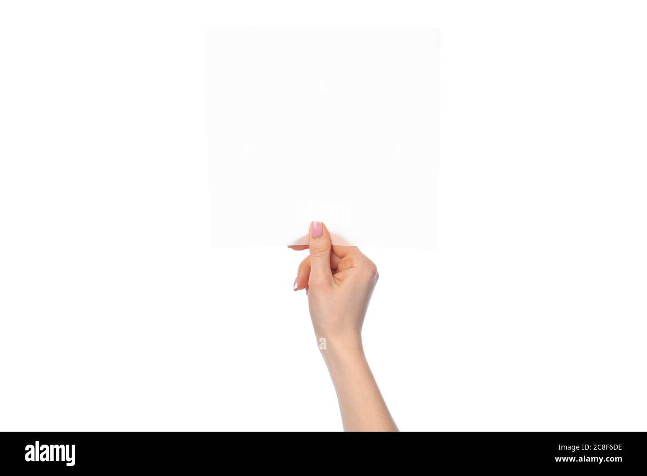Female hand holding blank white sheet of paper isolated on white Stock