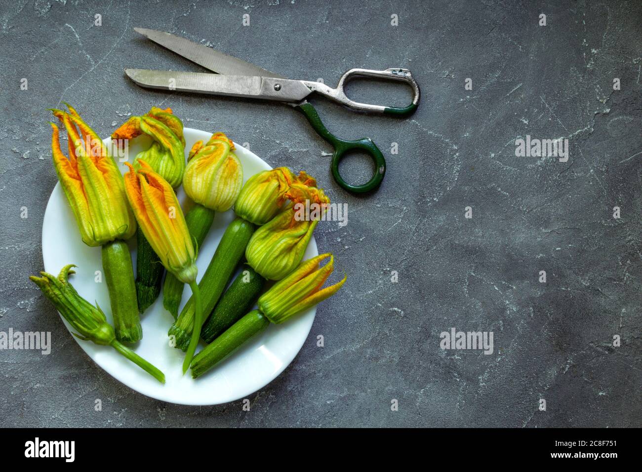 Zucchini flowers and scissors on the grey background. Flat lay, copy space Stock Photo