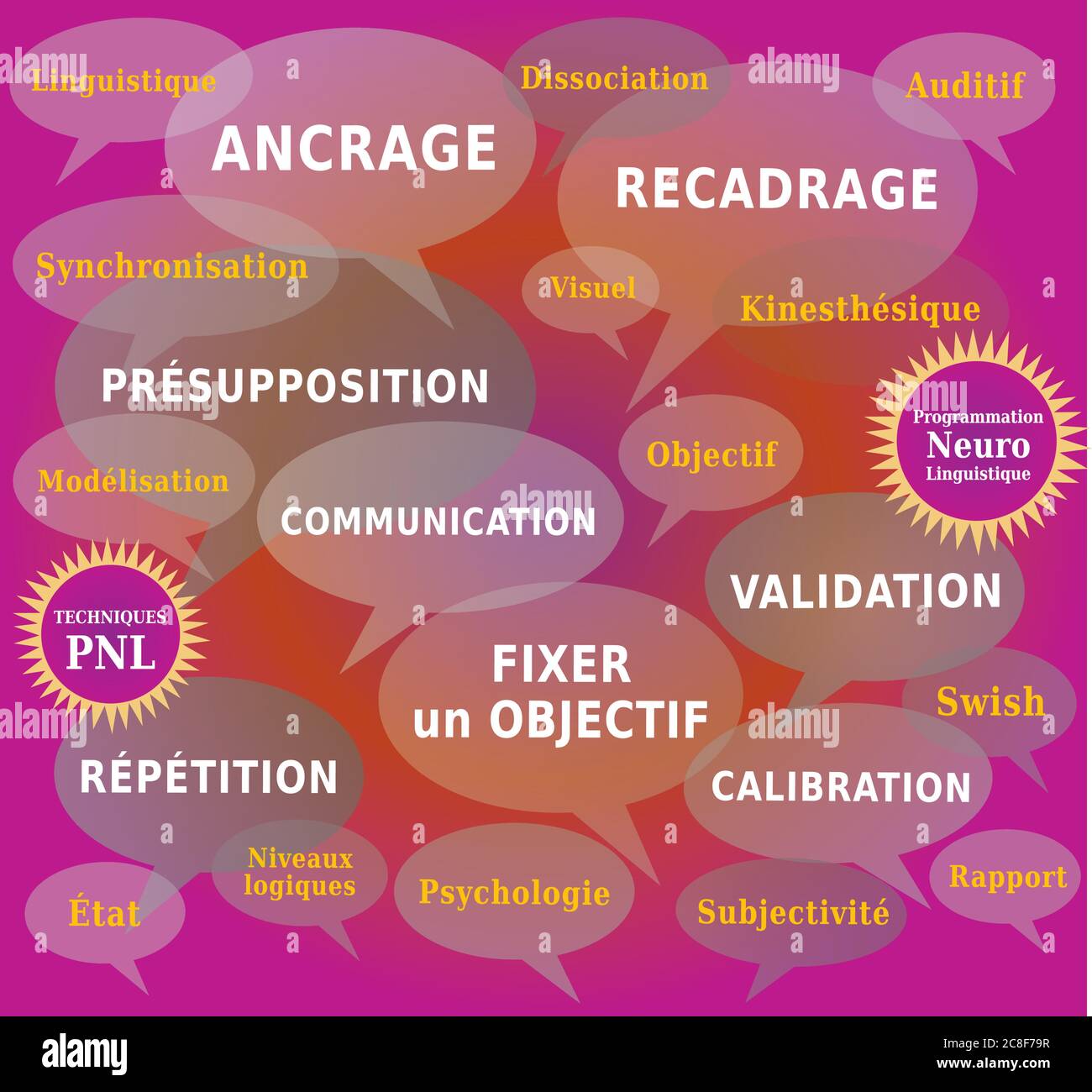 NLP Word Cloud, Techniques and Tools for Coaching in Dialog Boxes - French Language Stock Vector