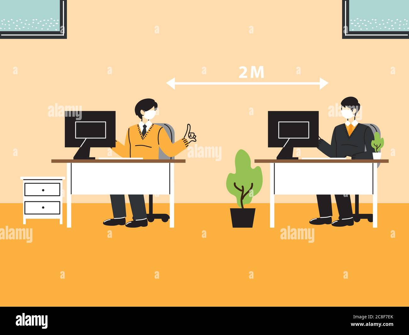 business people working in the office and maintain social distance ...