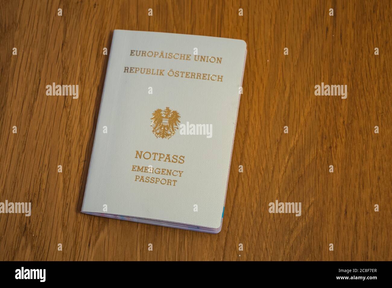 European Emergency Passport of the Republic of Austria - Cream Colored Travel Document of the EU or European Union Stock Photo