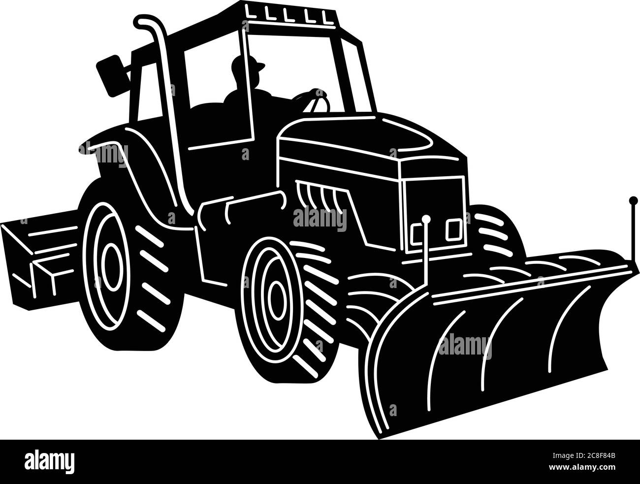 Retro black and white illustration of a snow plow tractor, snow removal machine equipment or snow plow truck viewed from side on isolated white backgr Stock Vector