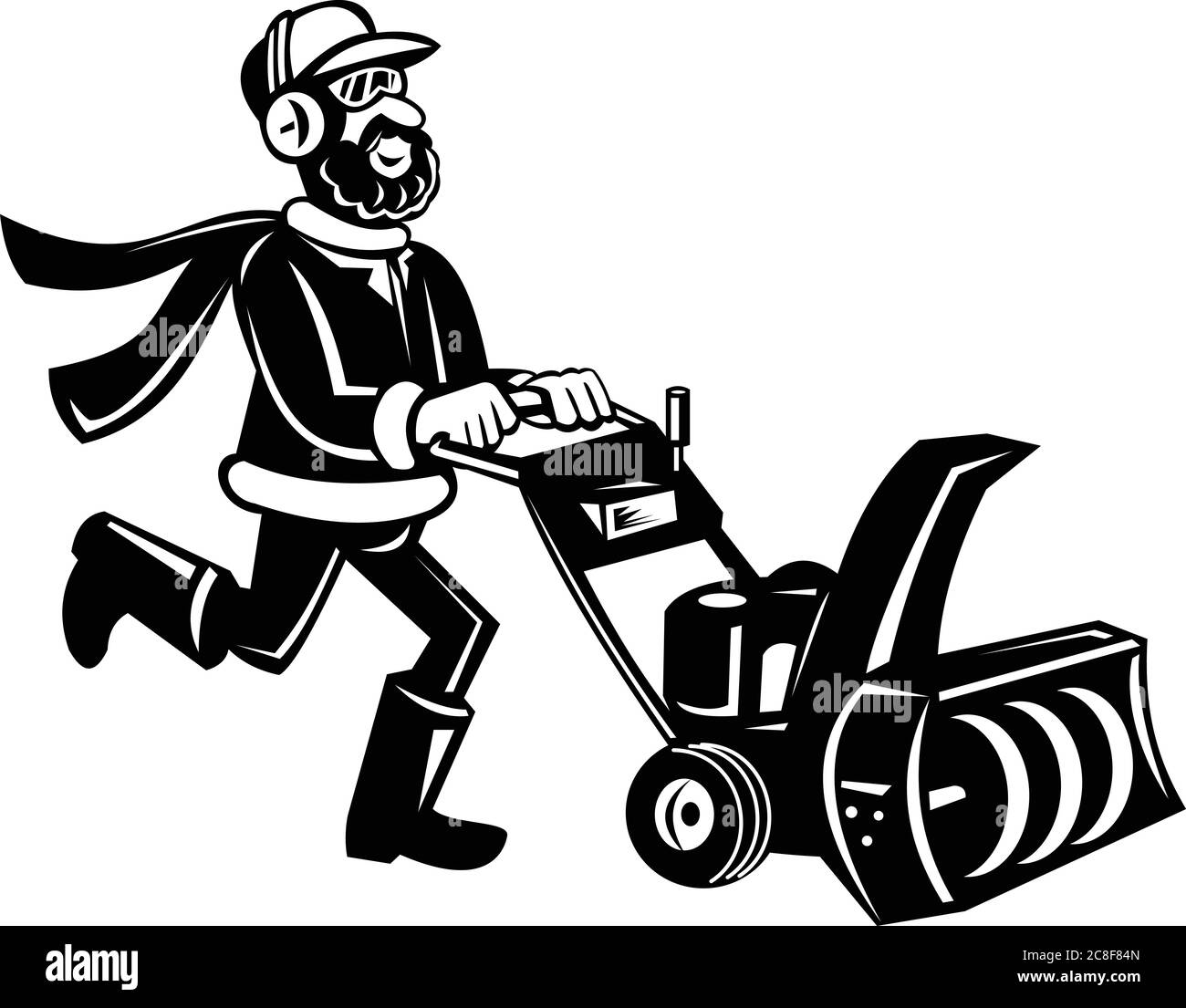 Retro black and white illustration of a man pushing a snow blower or snow thrower viewed from side on isolated white background done in cartoon style. Stock Vector