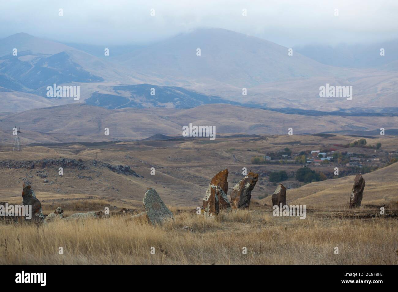 Carahunge, set on a dramatic plain, is a prehistoric archaeological site near the town of Sisian in the Syunik Province of Armenia. Stock Photo