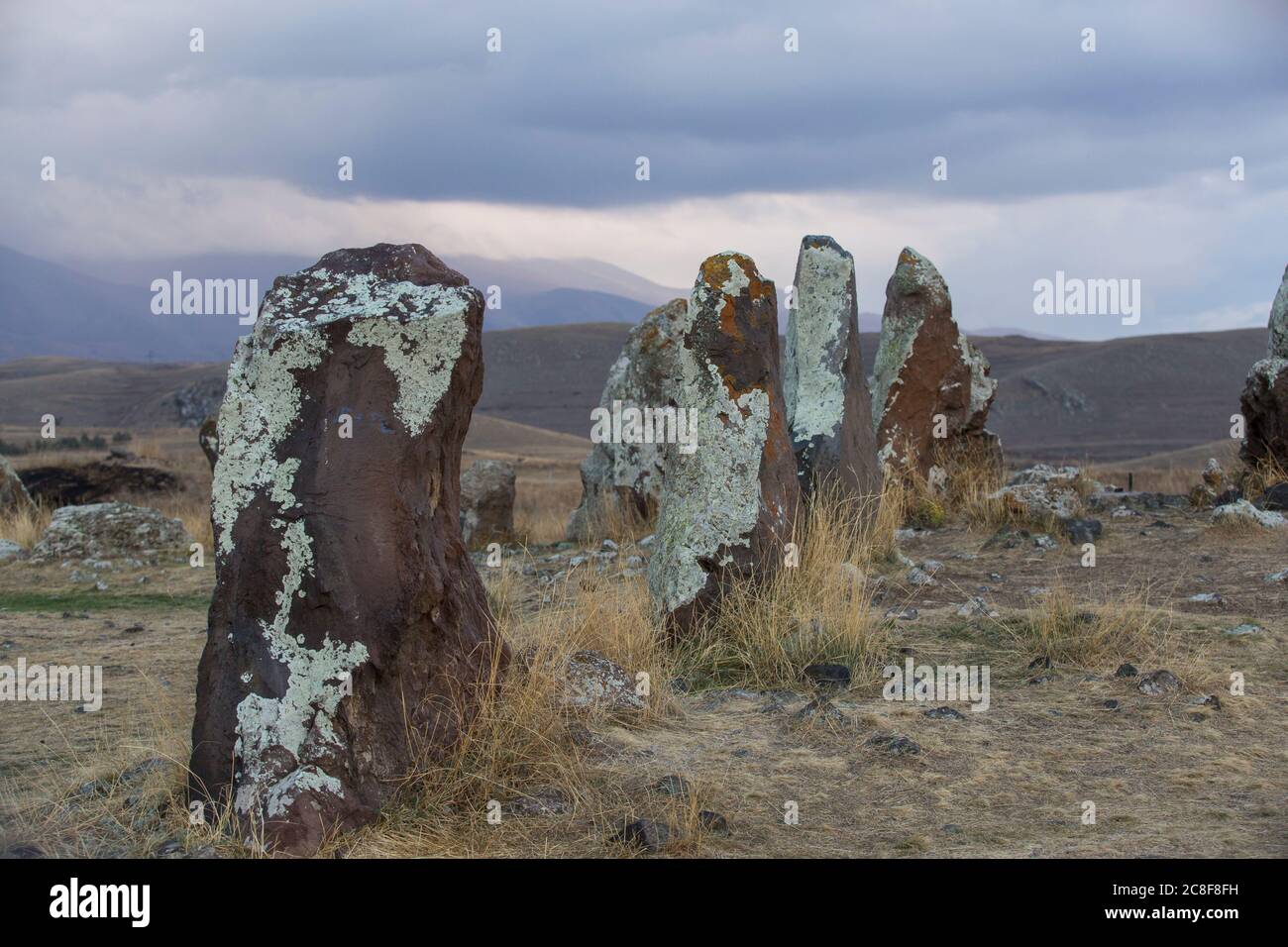 Carahunge, set on a dramatic plain, is a prehistoric archaeological site near the town of Sisian in the Syunik Province of Armenia. Stock Photo