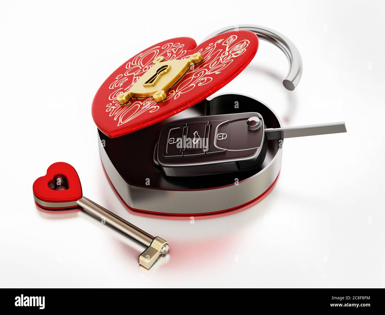 Car key inside open red heart shaped box. 3D illustration. Stock Photo