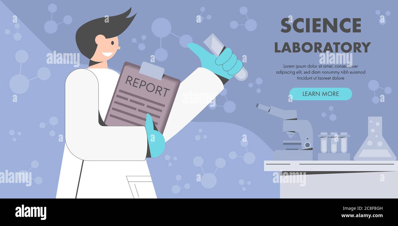 Scientist in white lab coat holding research report and perform science experiment. Flat design character vector illustration. Stock Vector