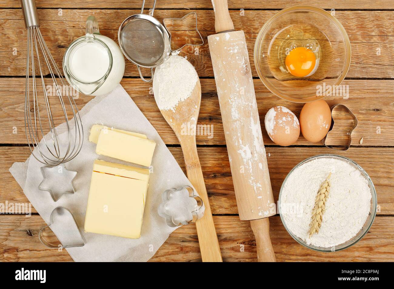 baking preparation, top view of a variety of objects on wooden planks ...