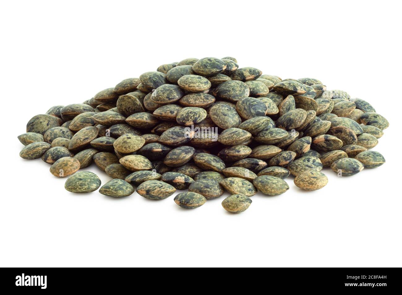 Heap of dry french green puy lentils isolated on white. Stock Photo