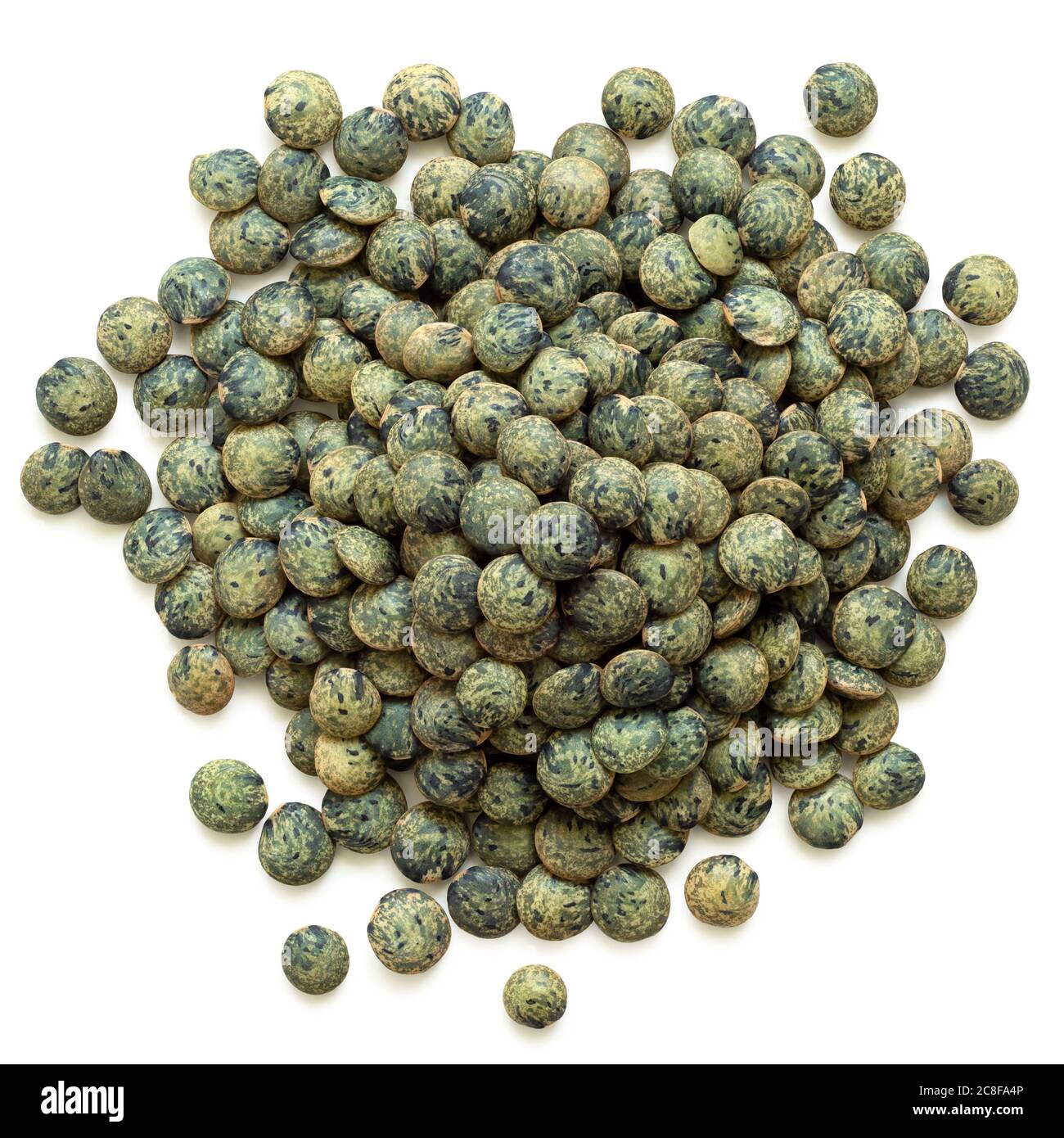 Heap of dry french green puy lentils isolated on white. Top view. Stock Photo