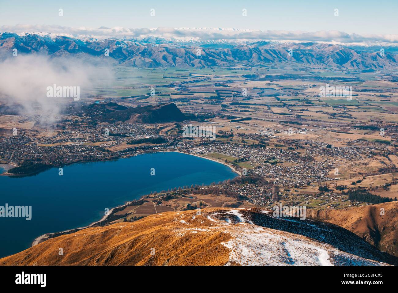 Wanaka township and Lake Wanaka, as seen from Roys Peak, New Zealand Stock Photo