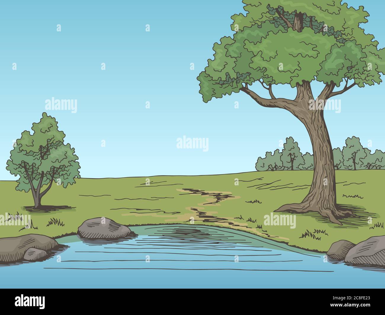 Park lake tree graphic color landscape sketch illustration vector Stock Vector