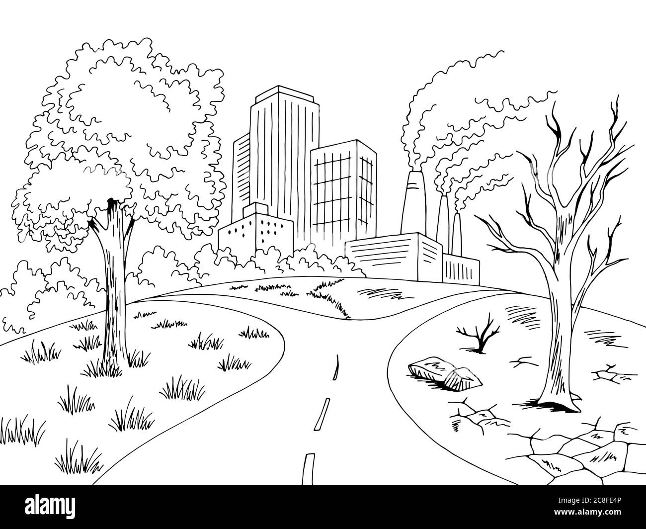 Global warming dry landscape graphic black white city ecology problem sketch illustration vector Stock Vector