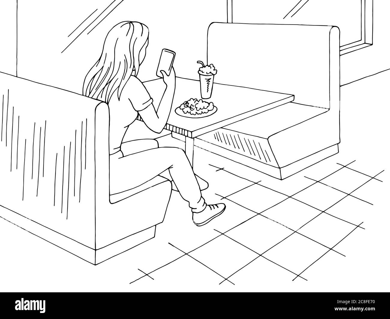 Girl taking food photo in cafe graphic black white interior sketch illustration vector Stock Vector