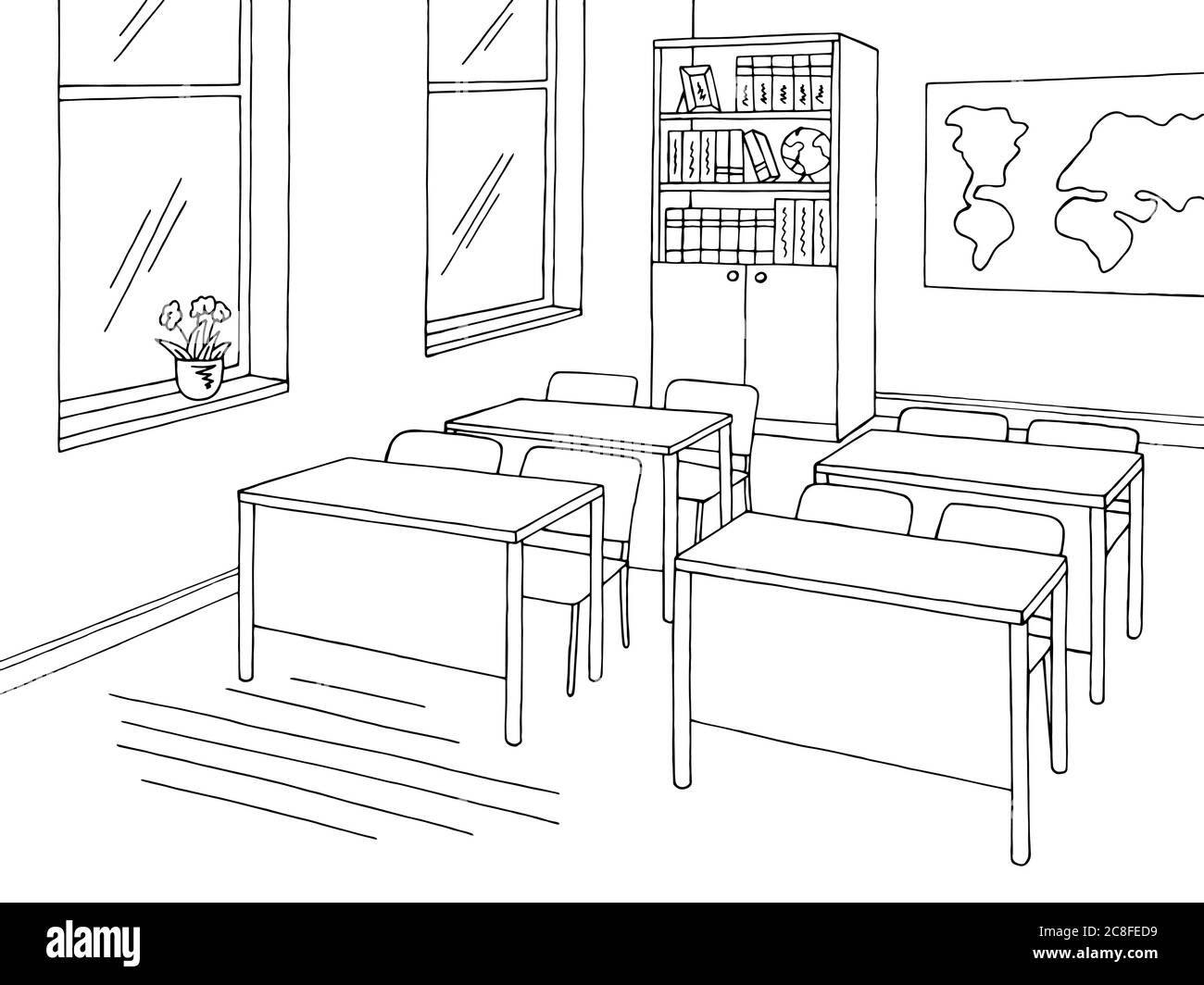 Classroom graphic black white school interior sketch illustration vector Stock Vector