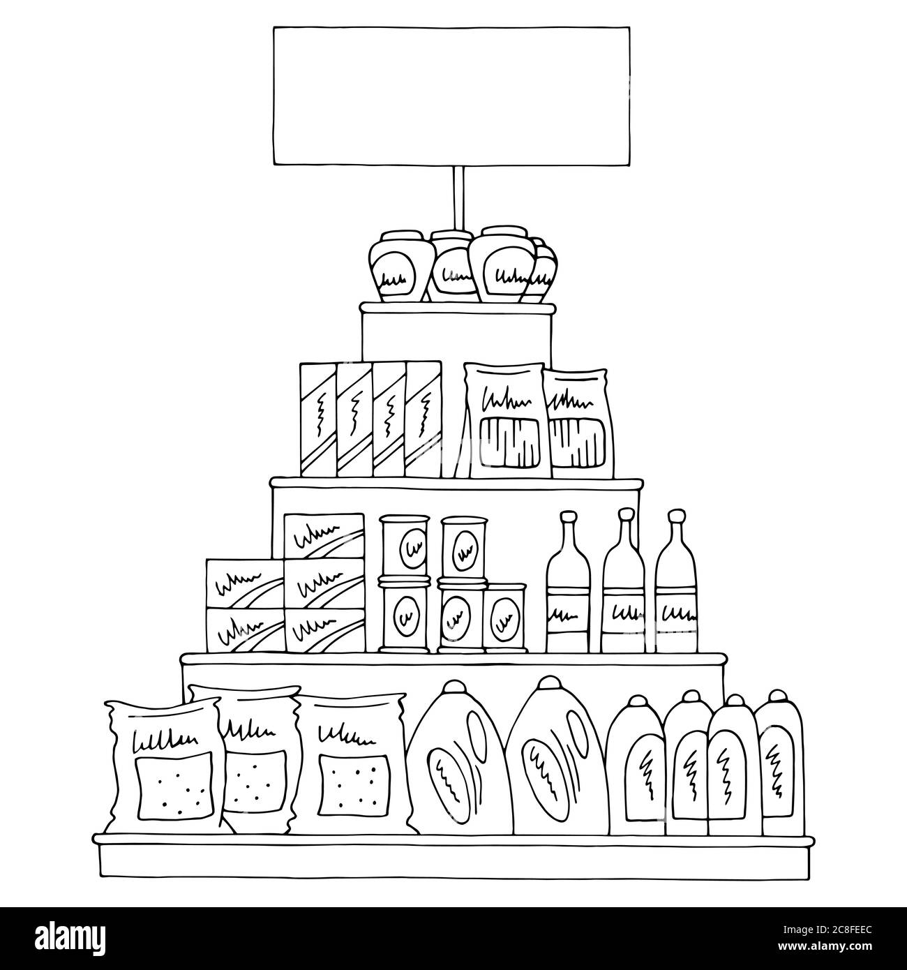 Grocery pyramid shelves graphic black white isolated sketch food store illustration vector Stock Vector