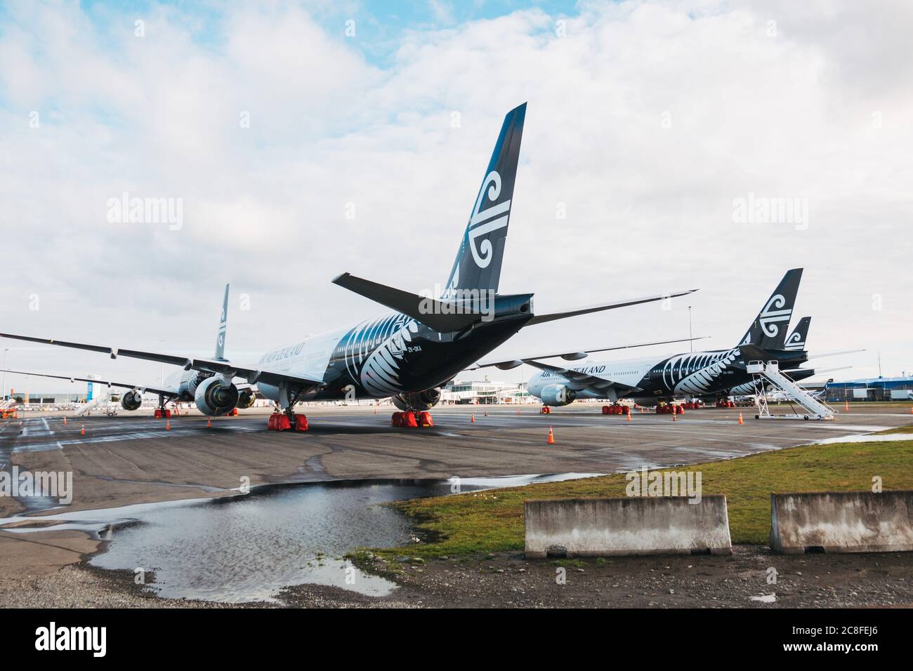 Boeing 777s in storage at Christchurch Airport, New Zealand, during the coronavirus pandemic Stock Photo