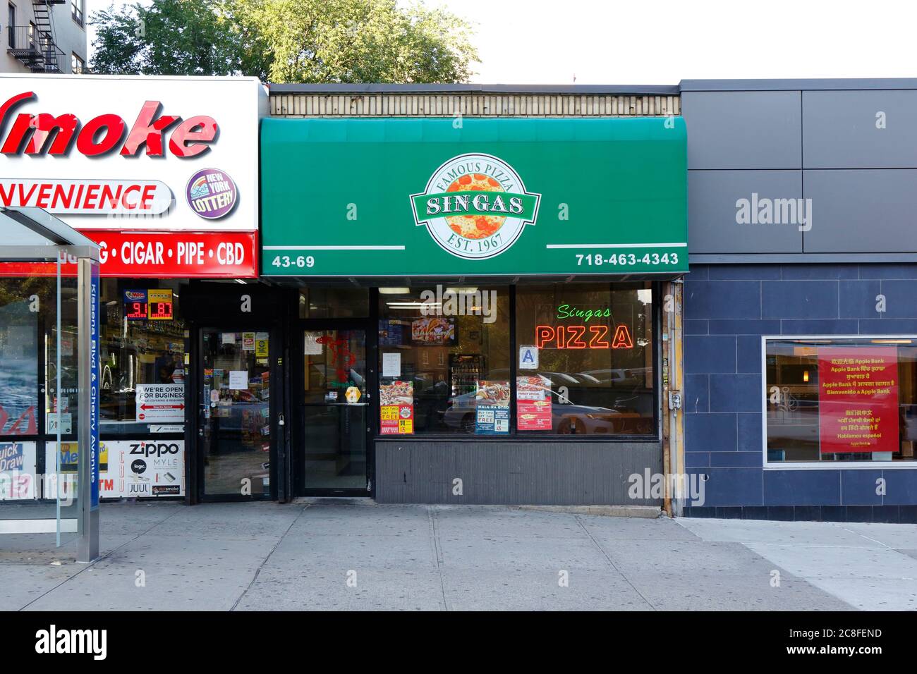 Singas Famous Pizza, 4369 Kissena Blvd, Queens, NY. exterior storefront of a pizza shop in the