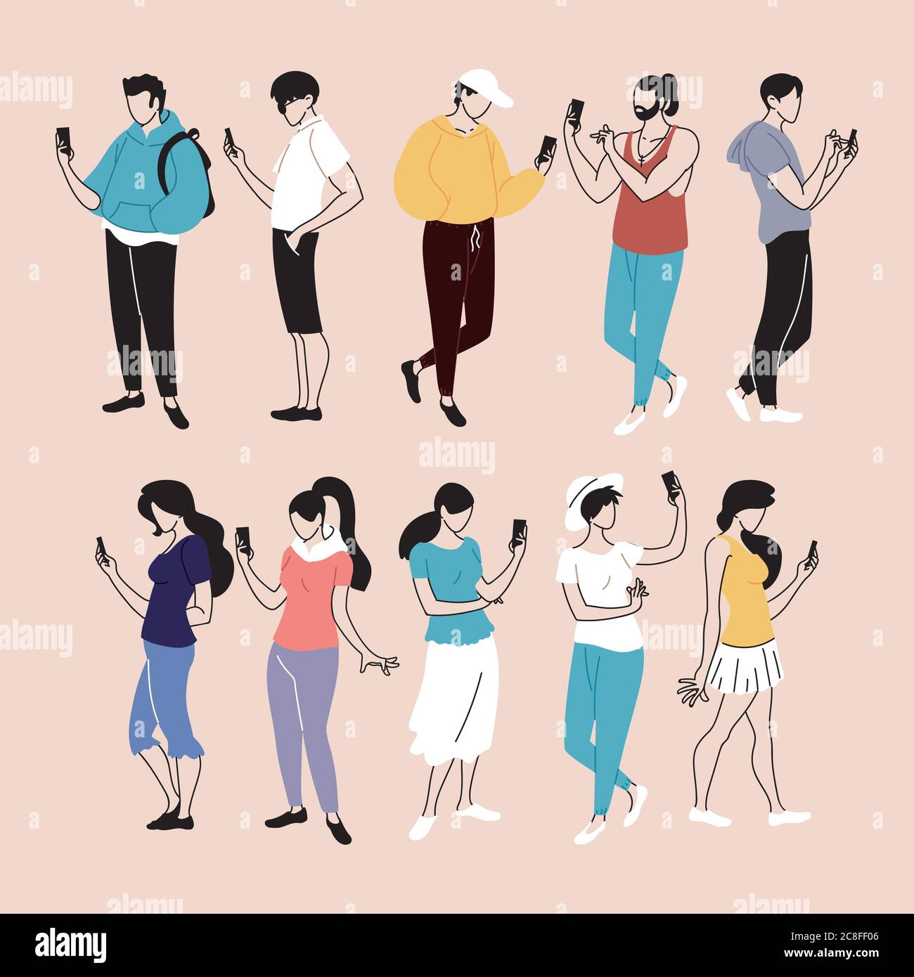 set of people using smartphone, men and women with mobiles devices ...