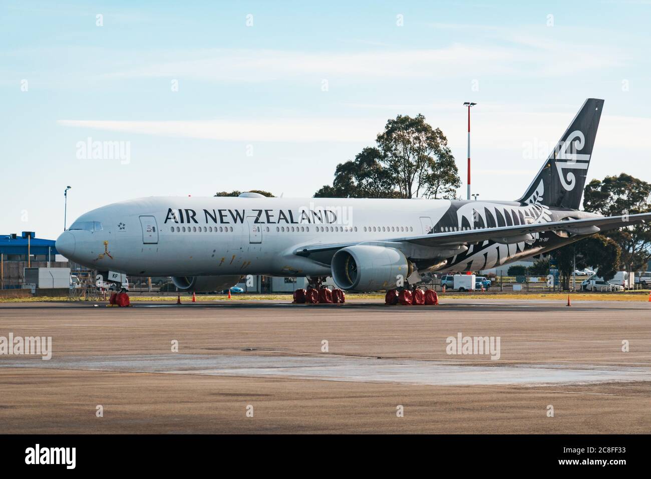 An Air New Zealand Boeing 777 in storage at Christchurch Airport during