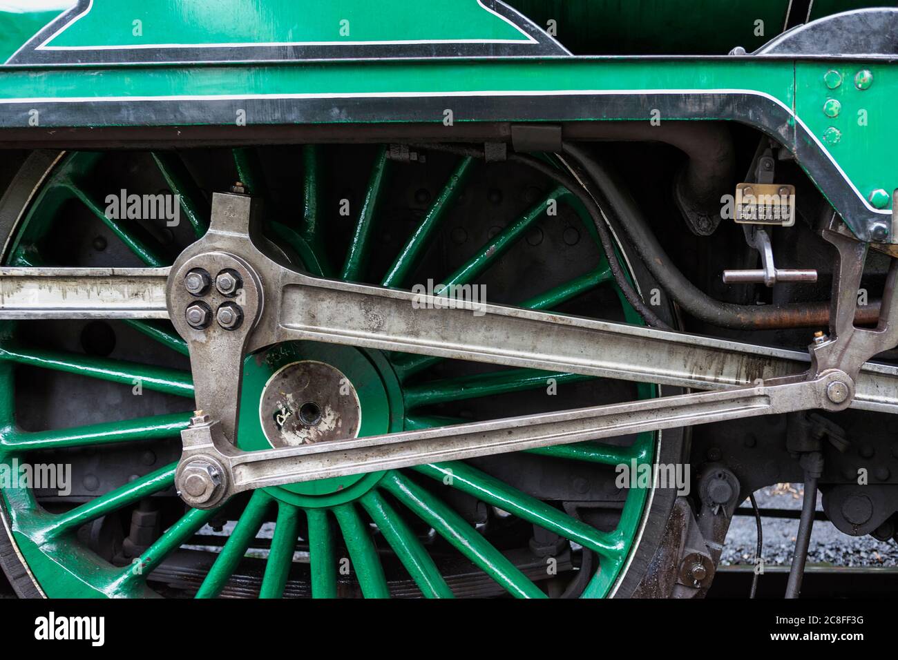 Driving wheel of 925 Southern Region Schools Class ‘Cheltenham’, at Alresford Station on the Mid-Hants Steam Railway (the Watercress Line), Hampshire, Stock Photo