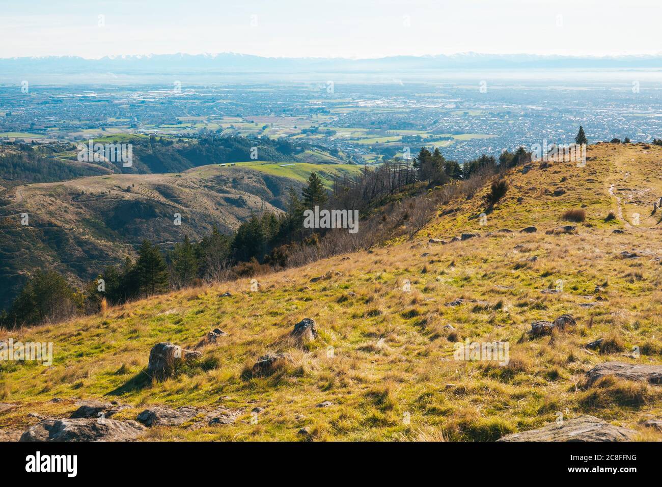 The view over the city of Christchurch as seen from the Thomson Scenic Reserve, Port Hills, New Zealand Stock Photo