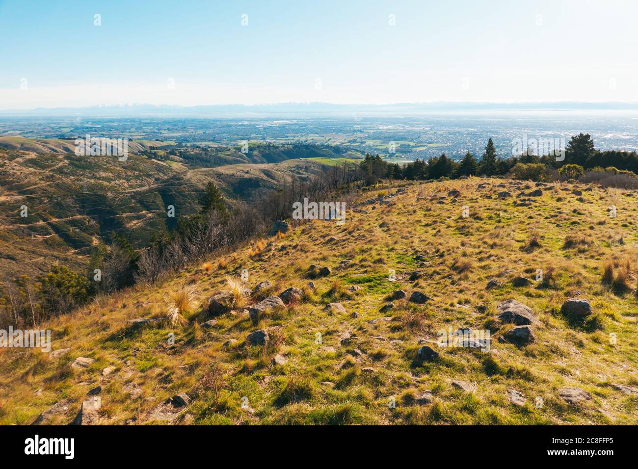 The view over the city of Christchurch as seen from the Thomson Scenic Reserve, Port Hills, New Zealand Stock Photo