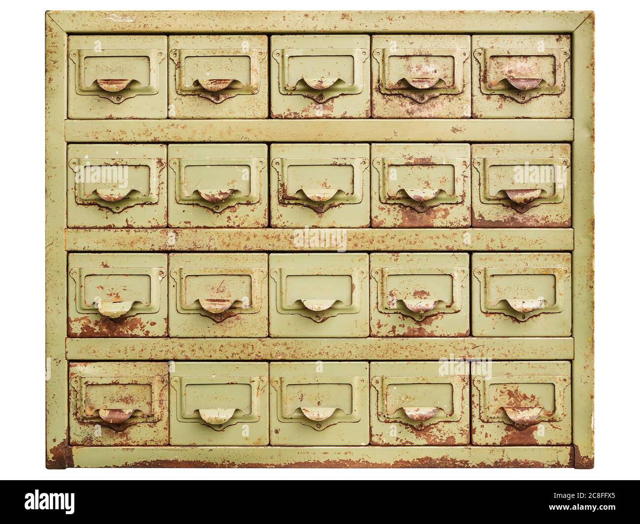 Vintage rusted cabinet with metal filing drawers isolated on a white background Stock Photo