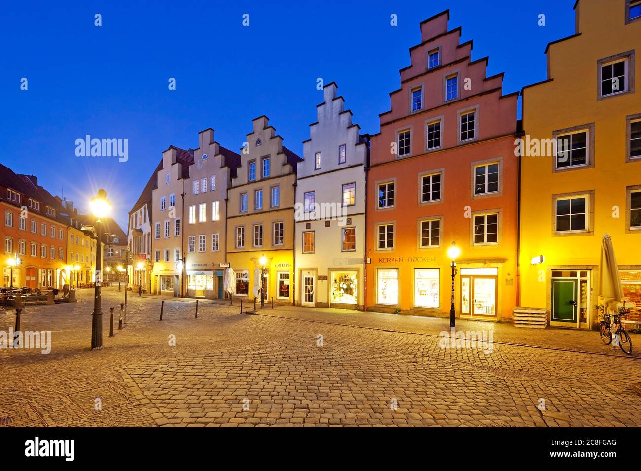 market square with gabled houses in the evening, Germany, Lower Saxony, Osnabrueck Stock Photo