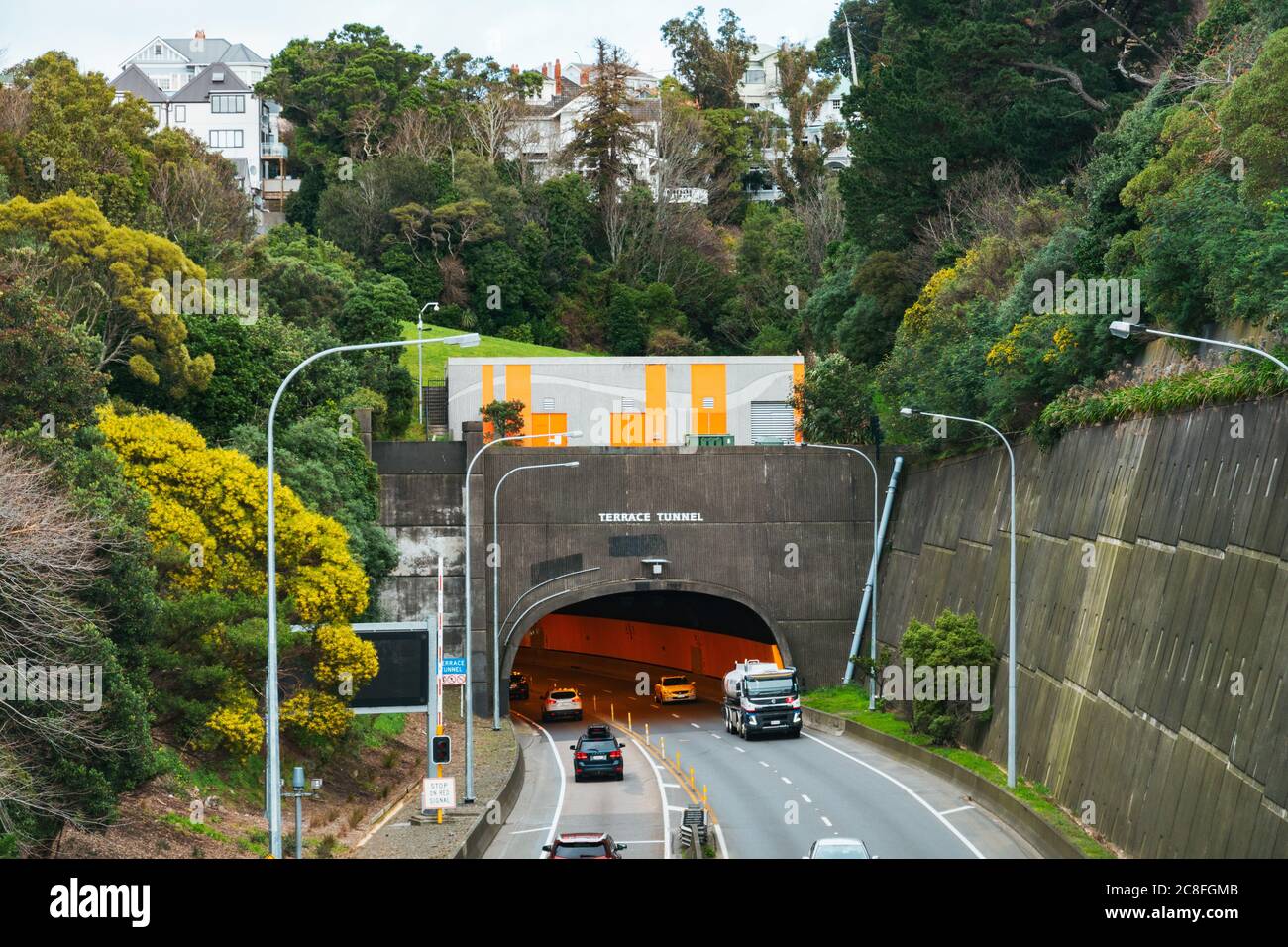 The northern end of the Terrace Tunnel, an inner city road tunnel that opened in 1978 in Wellington, New Zealand Stock Photo