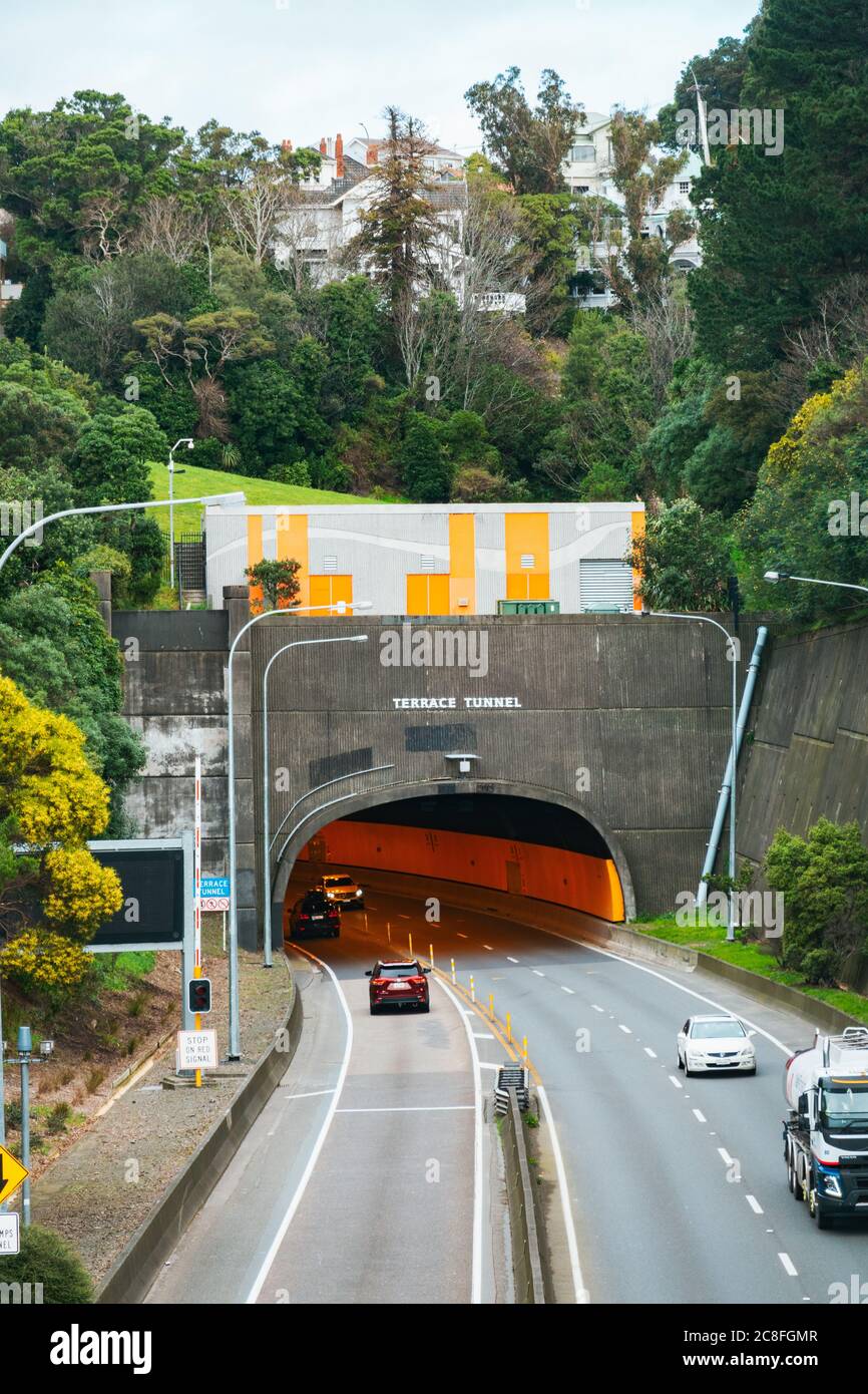 The northern end of the Terrace Tunnel, an inner city road tunnel that opened in 1978 in Wellington, New Zealand Stock Photo