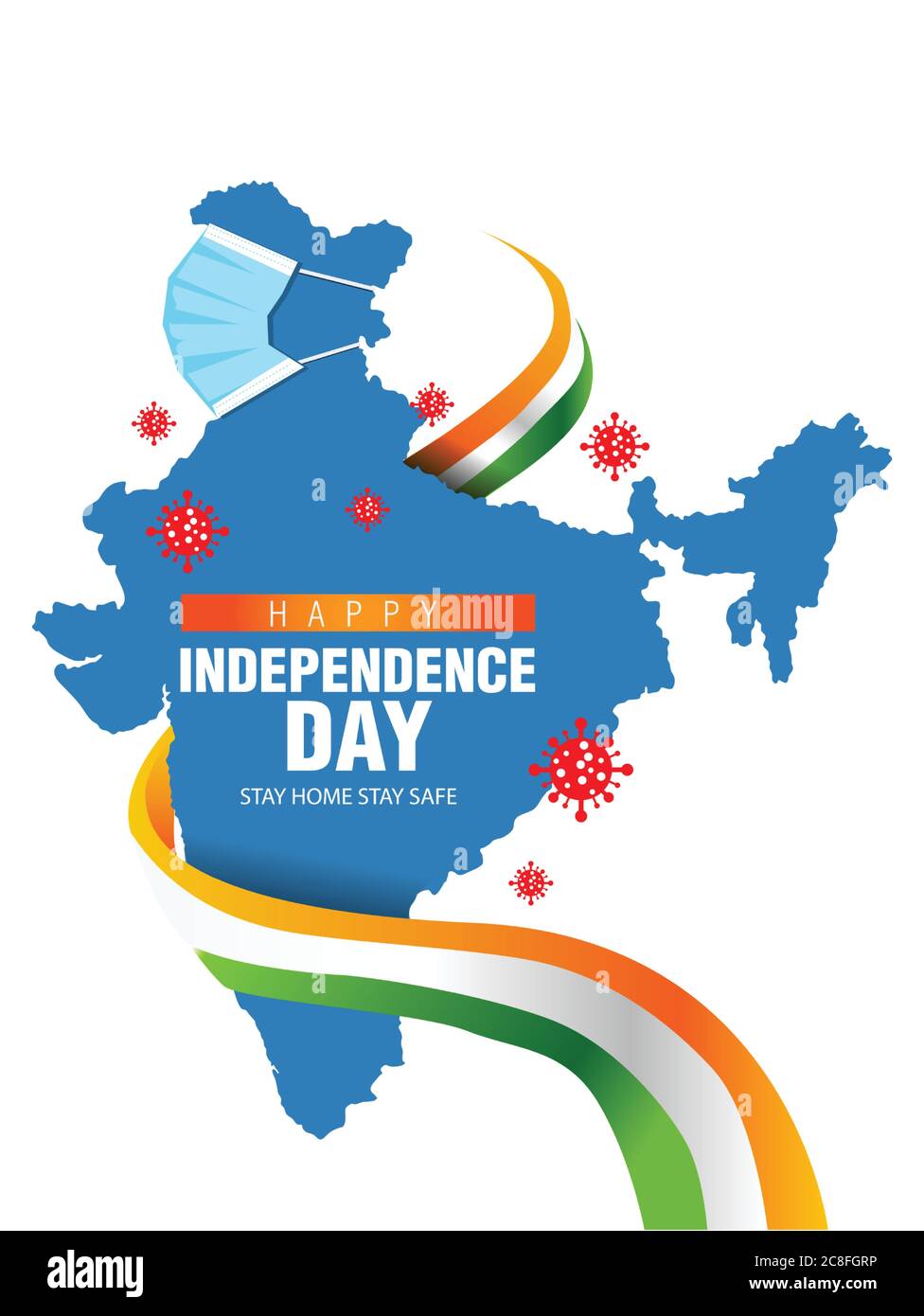 happy independence day. Coronavirus concept poster. India will fight against Covid-19 social media post. Vector Illustration Indian, flag and map.stay Stock Vector