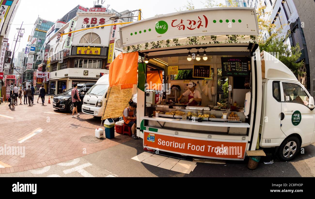 Seoul, South Korea - June 16, 2017: Food truck with fast food at the