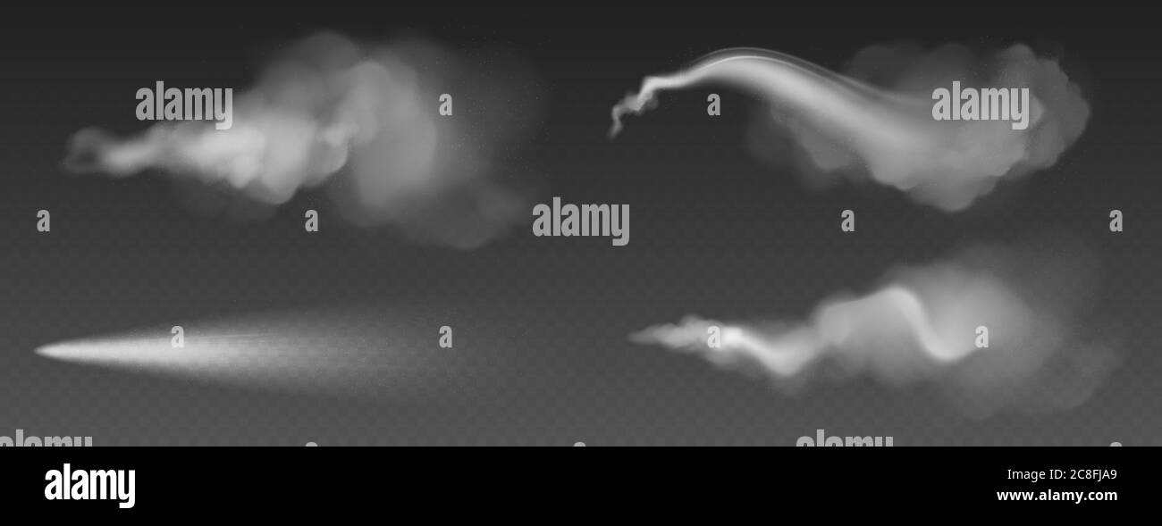 Dust spray, white smoke, powder or water drops trail. Flow mist, smoky stream, aroma or toxic clouds, steaming chemical or cosmetics product vapour, haze. Realistic 3d vector isolated clip art set Stock Vector