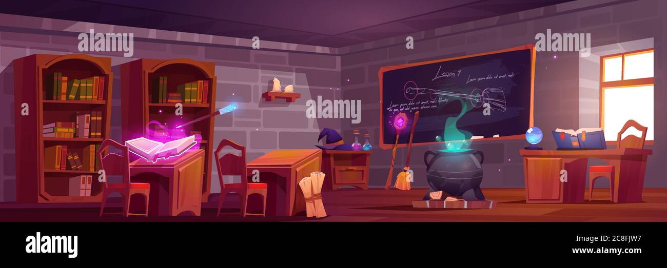 Magic school, classroom interior with wooden desks for pupils and teacher,  blackboard with chalk writings. Cauldron with potion, witch hat, spell  book, wizard wand, broom. Cartoon vector illustration Stock Vector Image &