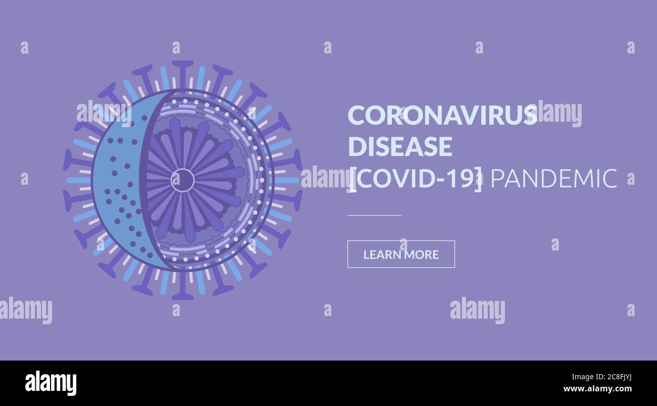 Coronavirus flat design illustration in flat style on blue background. Web banner element. Geometric pattern background. Technology, digital. Stock Vector
