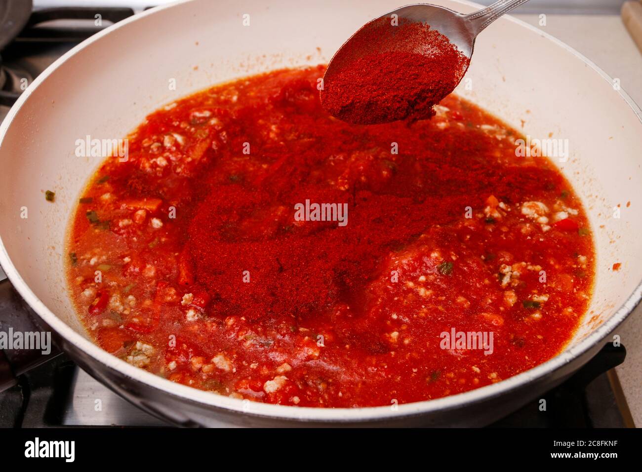Chef at work: How to make Bolognese sauce for pasta. Step by step tutorial. Stock Photo