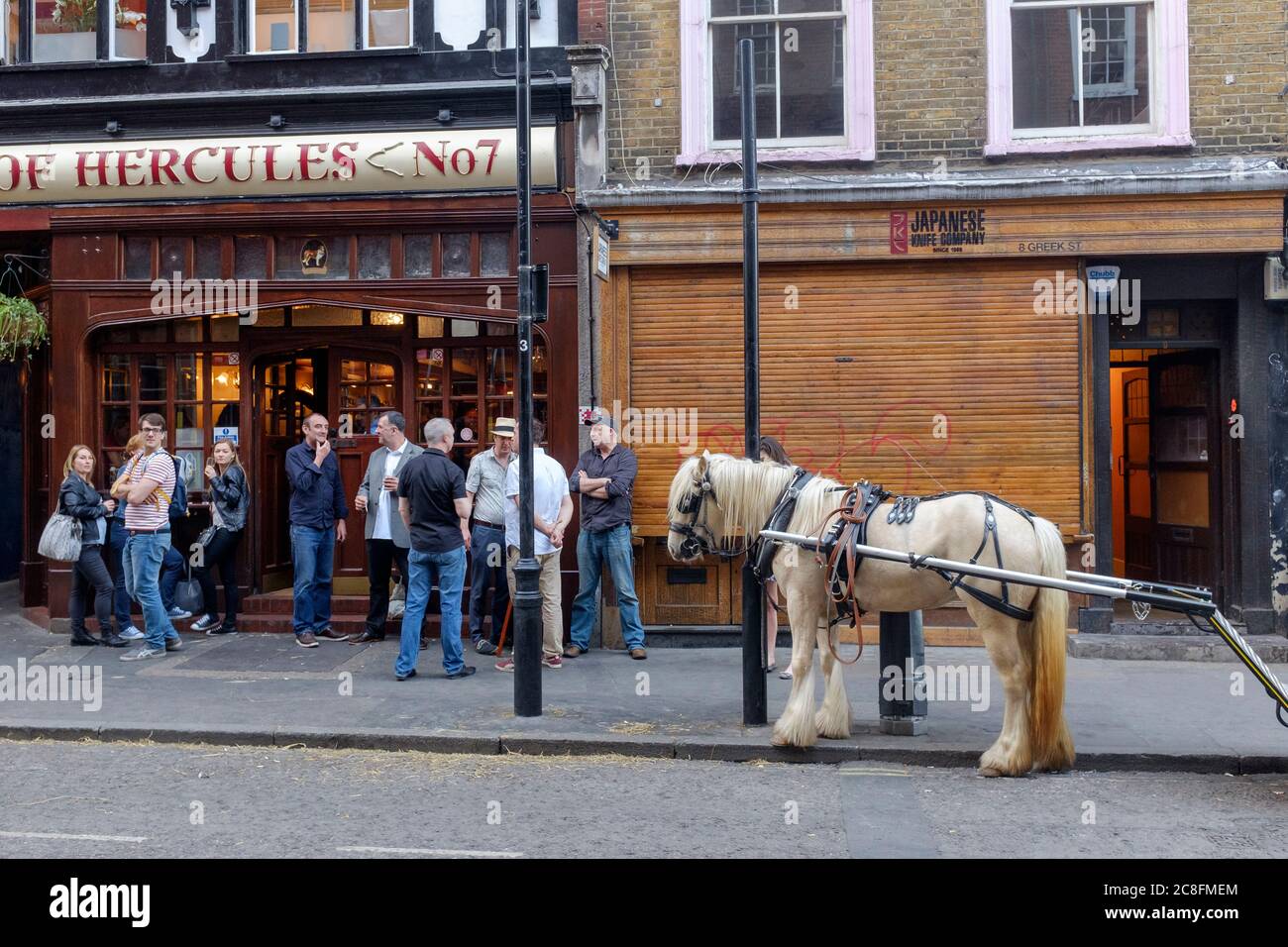 Horses and trap outside the, Pillars of Hercules Pub, 7 Greek Street