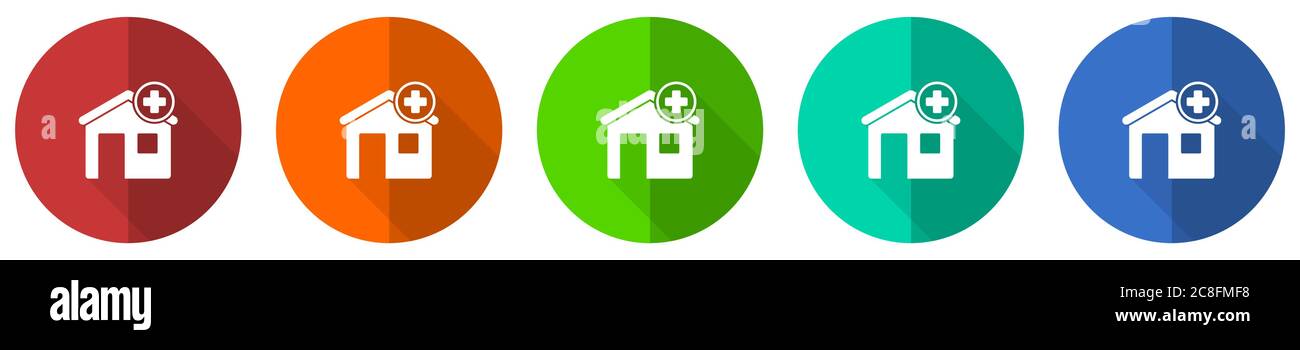 Hospital building icon set, red, blue, green and orange flat design web buttons isolated on white background, vector illustration Stock Vector