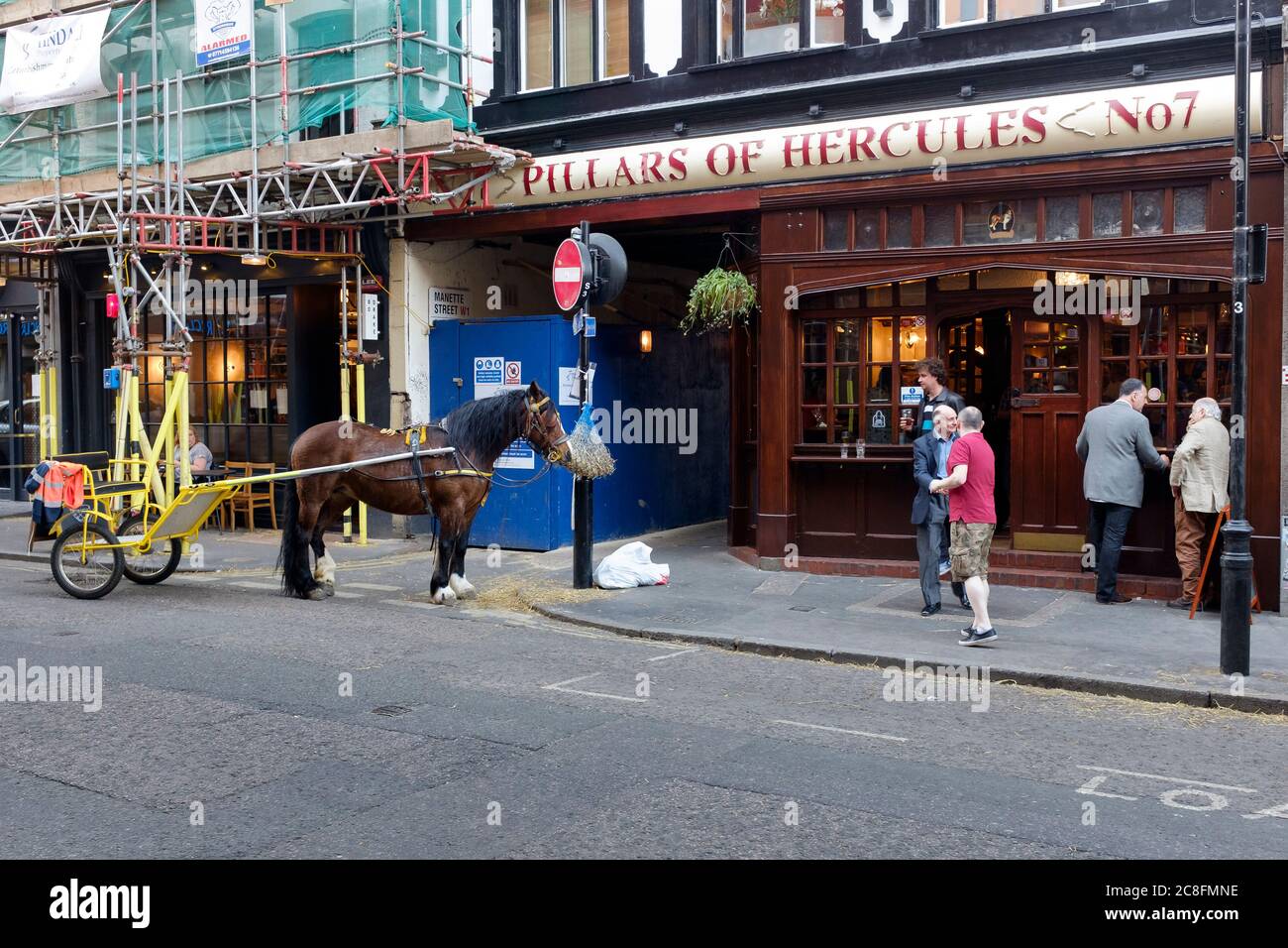 Horses and trap outside the, Pillars of Hercules Pub, 7 Greek Street