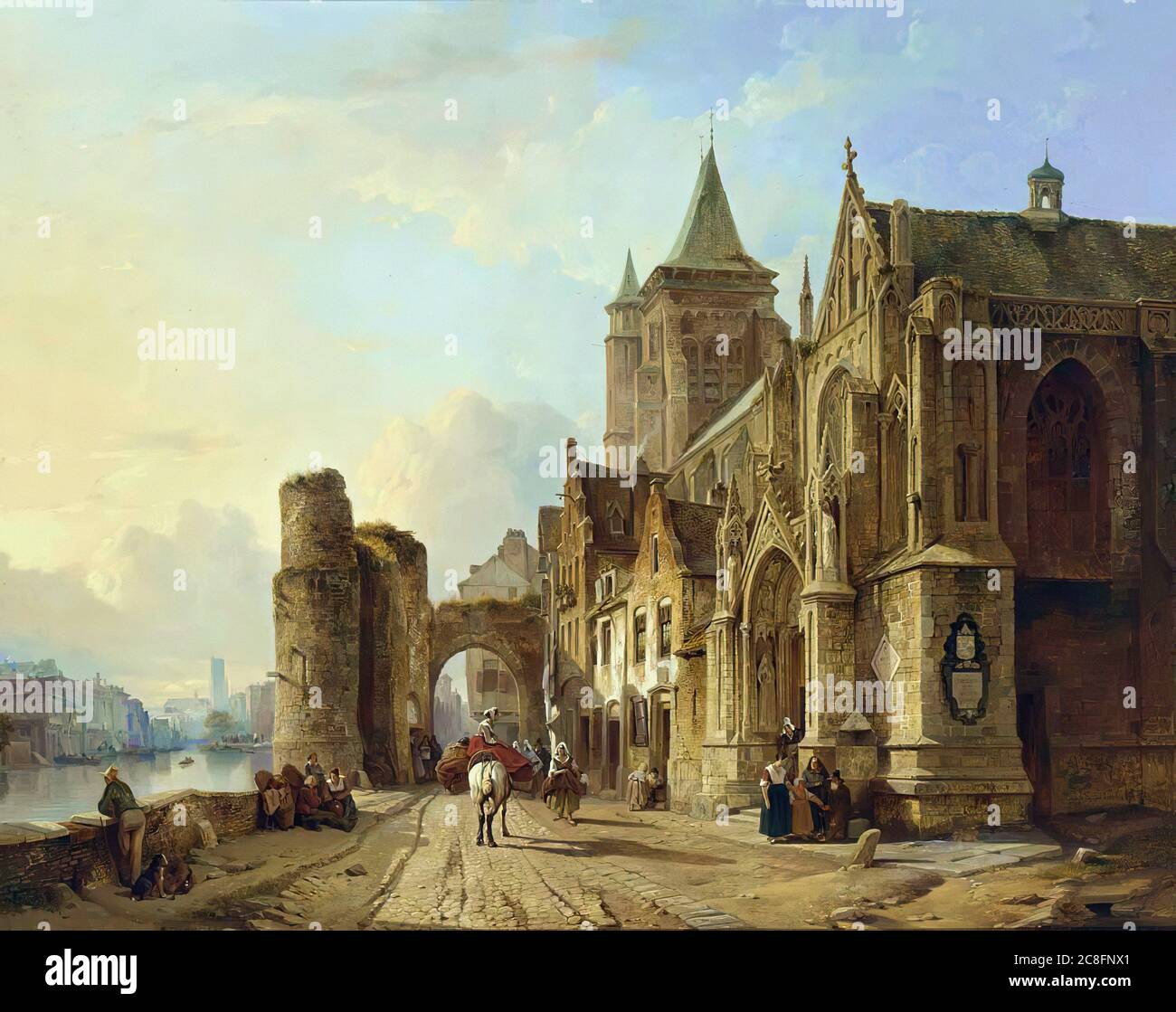 Bossuet Francois Antoine Figures in the Streets of a Riverside Town
