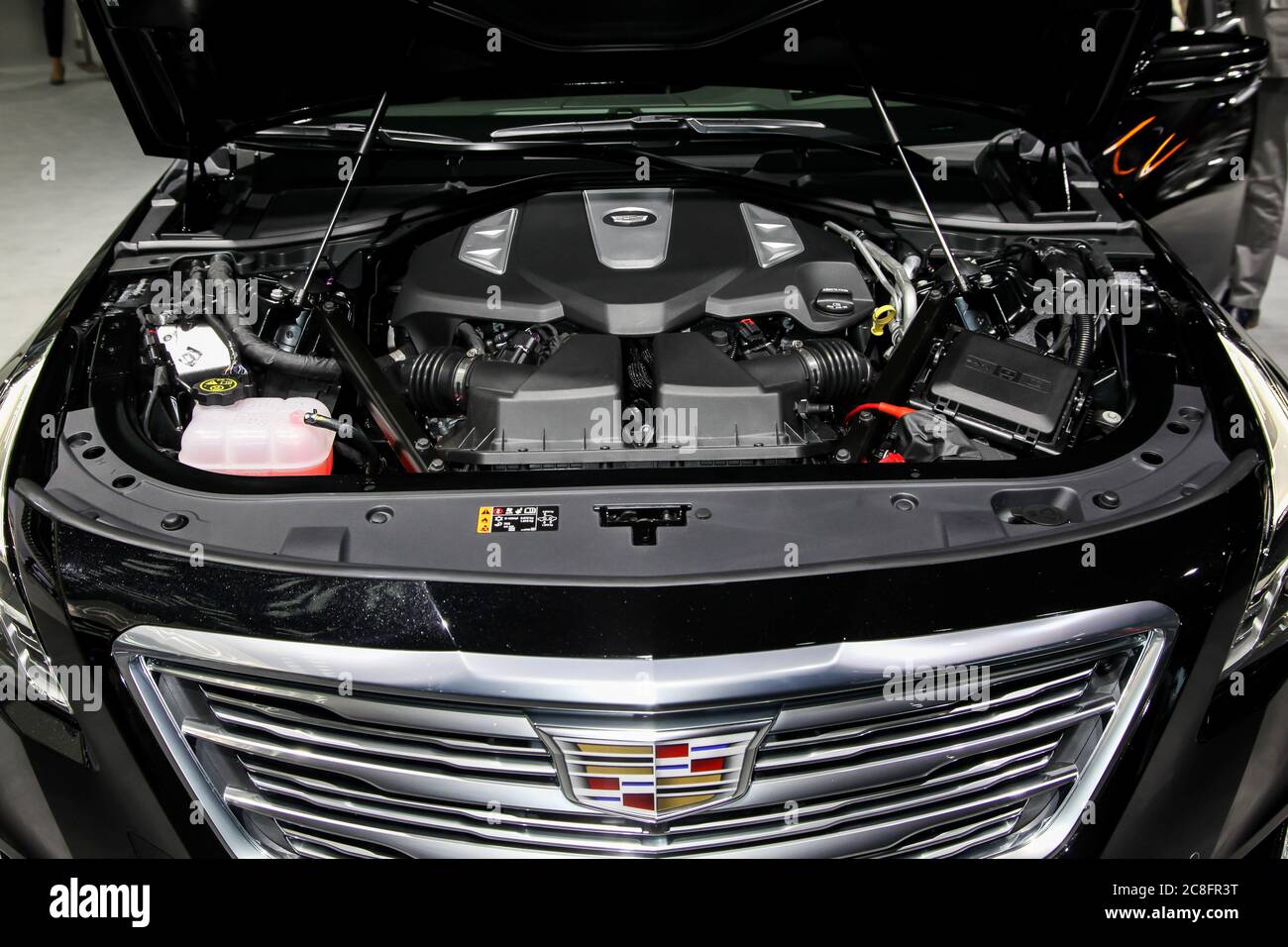 NEW YORK - March 23: A Cadillac CT6 engine hood open and exhibit at the 2016 New York International Auto Show during Press day Stock Photo