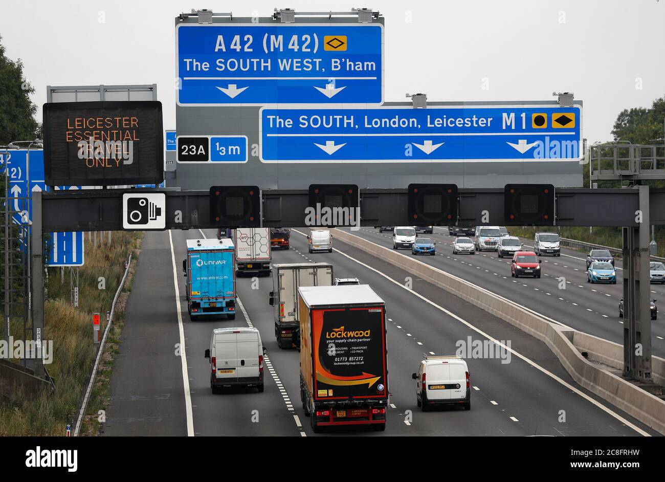 Leicester, Leicestershire, UK. 24th July 2020. Vehicles travel on the M1 Motorway towards Leicester after coronavirus local lockdown restrictions were eased. Non-essential stores can reopen in the lockdown zone despite the government saying all but essential travel in to, out of and within the city is still not allowed. Credit Darren Staples/Alamy Live News. Stock Photo